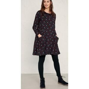 Seasalt Cornwall Womens Sea Oak Swing Dress 8 Black Leaf Print Pockets Cotton